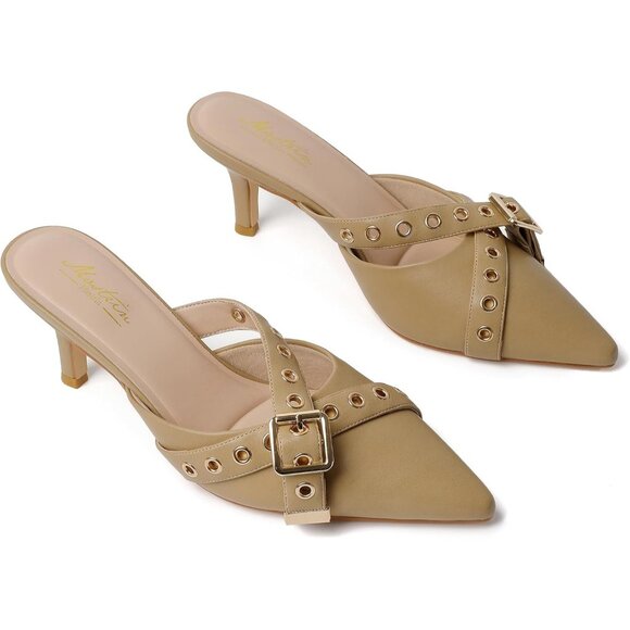 Beige Women Heels Elegant Pointed Toe Buckle Strap Stylish Slip On High Heel Pum - Picture 8 of 9